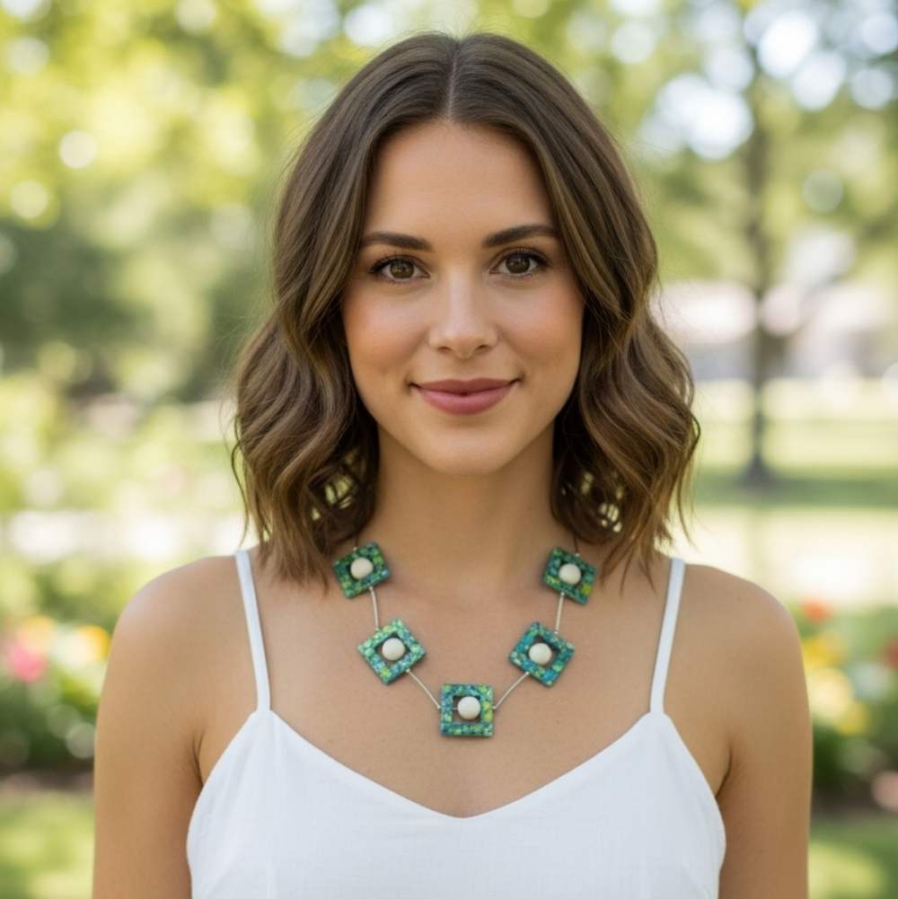 Green Blue Square Stations Silver Tone Separators Beaded Necklace Resort Vibe